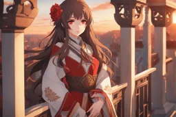 woman with long brown hair, red eyes, pale skin, highly detailed, intricate background, intricate face, standing on a balcony during sunset, contemplative, anime style, Genshin Impact inspired, dynamic composition, pyro vision bearer