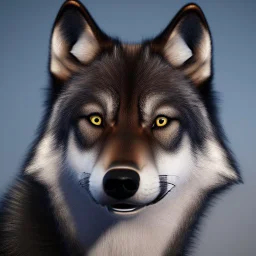 Ultra realistic cg rendering of Jet black wolf with gold eyes and saliva dripping from canine teeth