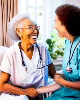 A warm, inviting image of a caring nurse providing personalized care to a smiling patient at home