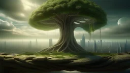 the last tree on earth, portal to other dimension near the tree on the left, city of the future year 4222, very realistic,