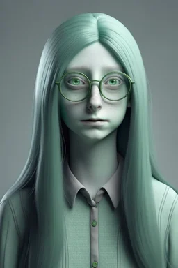 Alien female, with unnatural colored long hair. Soft style with glasses