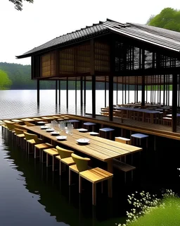 extreme restaurant with modern japanese design, located in a lake, it must make people feel intrigued to go into that restaurant