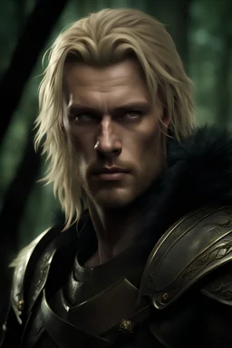Tall muscular man aged 35 with light shaggy hair which falls around his shoulders, blonde neatly trimmed beard, photorealistic, dark fantasy, forest.