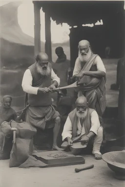 A Indian blacksmith seat on ground and work something with a Indian king standing in front of him and a bag of sandalwood on one side, the king pointing towards the Bag.