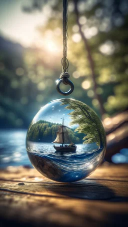 vortex worm hole inside a boat crystal ball hanging from a tree in the mountain , shot on Hasselblad h6d-400c, zeiss prime lens, bokeh like f/0.8, tilt-shift lens 8k, high detail, smooth render, down-light, unreal engine, prize winning