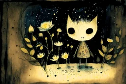 painted and burned burlap, moonlight, cute chibi dynamically jumping dragon, flowers, styles of Paul Klee Dee Nickerson and Tim Burton, melting watercolor and black ink outlines on wet paper, soft, shading strokes, in candlelight, ethereal, otherwordly, cinematic postprocessing, bokeh, dof