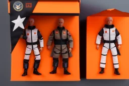 Mike pence G.i. joe toy doll space force uniform inside a blister package hanging on A rack in toystore, fluorescent orange price tag, wide angle shot whole body, black moonboots