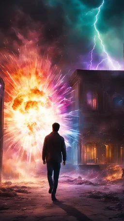 Young man walking towards a building that is exploding at night, with coloured auras and lightning around him