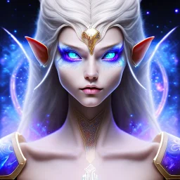 cosmic mage, elf, male, battle mage, cosmic sword, epic, cosmic magic, staff, long ears, white hair, face details, odd-eyes, dark skin, detailed eyes