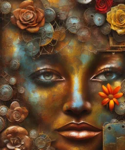  an abstract painting of rusted metal and flowers, african portrait, rust, scaffolding, iron cladding, decay, mixed media, textured, anatomically correct, beautiful perfect face, sharp focus, highly detailed