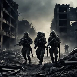 [vintage style noisy scratches glitches, Shot the texture and then rewound the film and double exposed] In the midst of the destroyed city, the two US Marine soldiers move with precision in tight formation across the ruins, while the alien xenomorphs lurk in the darkness. Their eyes scanning the shadows as they sought to avoid being surprised by the deadly foes that could strike at any moment.