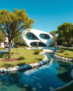 Photography of a futuristic house, in a residential area with trees. The house has organic shapes and a futuristic white design. There are bodies of water such as ponds or rivers that intersect with the urban environment. The atmosphere is summery, clear blue sky. Ultra quality, hyper detailed, 8k