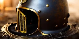 apocalypse, chaotic, magnificent, realistic, colorful, massive, epic, ray tracing, cinematic, 8k, HD, Ultra High Definition, photo film, film grain, hyper-detailed, old tarnished ornate rusty Hyper detailed Gold Gothic Medieval Knight helmet with opaque glass visor covering face and matching suit of armor, background with colorful destroyed ancient gothic ruins