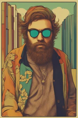 post punk hippie with glasses of colours and poor and short short short and poor hair on the head with receding hairline. Farsightedness glasses with big eyes. Shirt beard in the head. Vintage look and feel like photo style-of the 70s