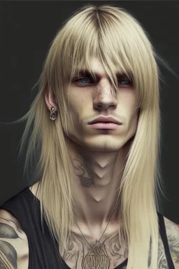 Long blond straight hair with bangs, neck tattoos, blind, man