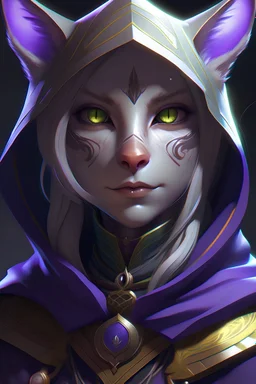Beautiful D&D character portrait, humanoid tabaxi, female, colorful fantasy, detailed, realistic face, digital portrait, intricate cloak black trimmed with silver and purple, fiverr dnd character, wlop, stanley artgerm lau, ilya kuvshinov, artstation, HD, octane render, hyperrealism