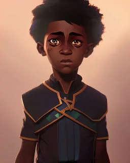 Portrait of a gorgeous black skinned toddler warlock boy with dark hair by Jim Kay