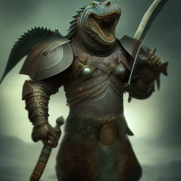 photograph of a warrior with crocodile themed armour. extremely detailed. dslr. 85 mm.perfect position, unreal engine