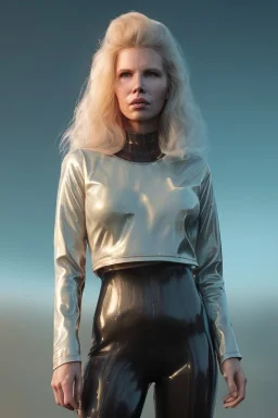 Ultra Realistic retro sci-fi scene, waist up view portrait, blonde woman, sweet young Kim Basinger face, perfect iris, glow eyes, makeup. Saturn background, Retro sci-fi style, helmet, tight latex coat, fog, rain, soft color, highly detailed, unreal engine 5, ray tracing, RTX, lumen lighting, ultra detail, volumetric lighting, 3d, finely drawn, high definition, high resolution.