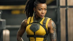 A Sonequa Martin-Green warrior with a machine gun covered by tattoos, 24-years-old her lean muscular frame wrapped in a yellow two pieces tactical bodysuit and a bullet proof vest over her bossom. Her hair is pulled back in a tight ponytail, revealing dark eyes [vintage style noisy scratches glitches, Shot the texture and then rewound the film and double exposed from a 1970 B series movie] she stretches on the balcony of the marble palace of a modern dictator, behind we see the beach and palm tr