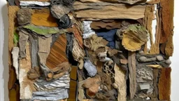 Three-dimensional collage with contrasting textures, worn and torn fabrics in earth tones, aged wood with exposed grain, rusty nails emerging from rough surfaces, abstract biomorphic forms, thick paint spatter, embedded coarse sand, overlapping layers of materials, contemporary material art style
