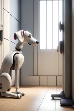 a dog a robot dog and a mouse looking at a closed door from outside of it, realistic