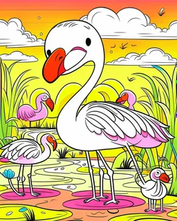 create a 2d black outline, "safari smiling cartoon flamingo coloring book for toddlers", coloring page, low details design, black contour, coloring page design, simple background, colorful , card style, coloring page for kids, white background, sketch style, safari landscape, cartoon style