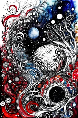 Three-dimensional watercolor. A space guppy on the background of unusual lace plants of an exoplanet. White-gold,burgundy,black,emerald,gray,sapphire,scarlet. A lot of details.Fine drawing with black ink,clear lines,magically, beautifully,surrealism,the play of color and light,contrast,horror,filigree ,neuro art,lumen,multi-exposure,macro detail,hyperrealism, 5d threads,64k,dark fantasy,dark botanical,bioluminescence. Fractal-neon, glitter,stars