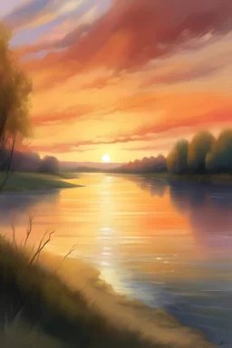 pintura con un atardecer con vista al rio, con colores pasteles, donde el agua se une con el cielo formando un todo y el sol como protagonista asomando sus ultimos rayos de luz antes de esconderse