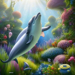 pixar style, volumetric summer garden environment and background, realistic painting of a cute dolphin, looking excited, detailed digital painting, extreme dense and fine fur, anime, ornate, colour-washed colors, elegant, small minutiae, tiny features, particulars, centered, smooth, sharp focus, renderman gofur render, 8k, uhd, detailed eyes, realistic shaded volumetric lighting, sunlight caustics, backlight, centered camera view