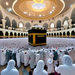 The scene in Mecca: People wearing white Ihram clothes, men without head coverings, women with veils, circumambulating around the Kaaba, and above them are transparent white spirits of children, men, and women with wings revolving around the Kaaba.