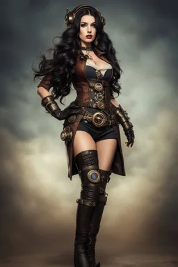 full-height photo of an sci-fi steampunk skinny pin-up woman, with long dark hair