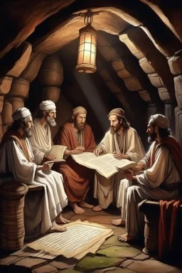 Several Christian priests of the 1st century AD are sitting in a cave and actively arguing and gesticulating, each holding a scroll of Ancient Scripture, many ancient scrolls are lying on a wooden table in front of them, everything is written in watercolor in high resolution, in 8k.