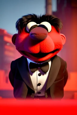 Waist up muppet Portrait, Kim Jong-un muppet doll, black suit, photo studio, red background, unreal engine 5, concept art, art station, ray tracing, lumen lighting, ultra detail, volumetric lighting, 3d.