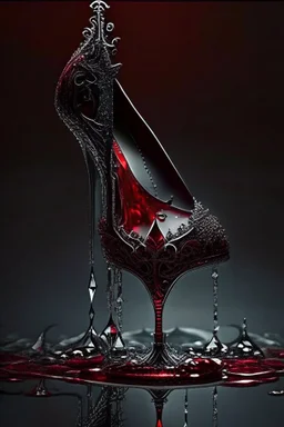 dark fantasy, intricate cover, a whimsical fairytale, shoe made of glass with a single drop of blood running over its side