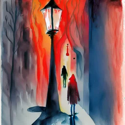 Use contrasting colors and dynamic shapes to depict young adulthood, anxiety, with shadows representing hidden dangers, watercolour sketch, using red as contrast, but several colors, only 1 visage, edvard munch, streetlamp,