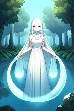 1girl, ghost, long white hair, white dress, paranormal, forest, river of hair, white light, supernatural, ethereal, otherworldly, haunting, mysterious, atmospheric, ghostly presence, supernatural aura, perfume