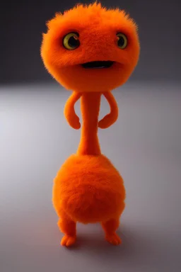 3D Cute fluffy orange soft Puppet of a baby monster, emotive eyes, electron microscope photography, 35mm lens, photorealistic, 3D, octane render, unreal engine, sweet, in the style of Pixar, white background