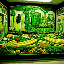 A green kingdom made out of vegetables designed in Bayeux tapestry painted by Roy Lichtenstein