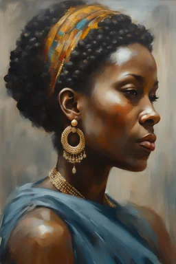 oil painting, in Piet Hein Eek style, ((best quality)), ((masterpiece)), ((realistic, digital art)), (hyper detailed), Upper body Portrait painting of an African Queen, in artistic pose, painted by Jeremy Mann