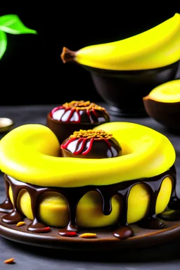 Custard covered with chocolate and decorated with banana slices