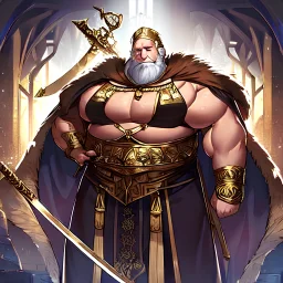 Large fat noble old man holding a sword wearing gold jewelry