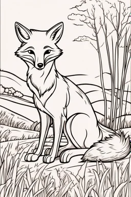 kids coloring page, fox in a field, cartoon style, thick lines, low detail, no shading