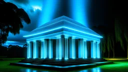 A temple with cyan lightning designed in aboriginal art