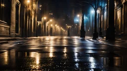 Tell a story about a man flying through a lit street at night with his arms outstretched as the lights and shadows reflect in the puddles on the sidewalk