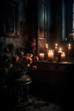 A very faded flowerA dark room full of flowers with candle light