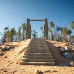 Photograph, wasteland, taiga trees, bright, brutalist steps, daylight, all'aria aperta, rocce, infinite cage up to the sky, polvere, open air museum style, blue, apparecchi elettronici, powder, punto giallo, minimalist, details of the dust very accentuated, deep 3d field