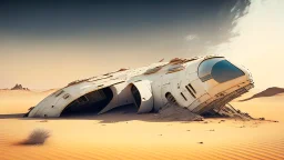 sleek spaceship, sitting in a desert, ruined buildings