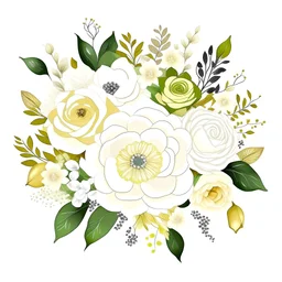 wedding flowers to print on blank surface space in the middle, green, gold and white flowers only white background