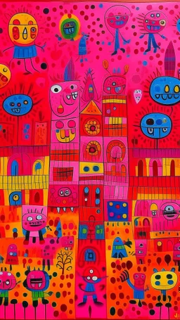 A magenta magical carnival made out of candy designed in Kuna molas painted by Paul Klee